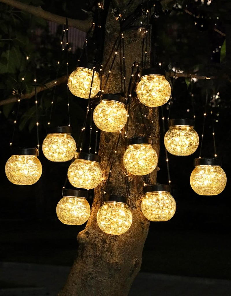 PARTPHONER Solar Lights Outdoor Waterproof 12-Pack, Solar Powered Hanging Lantern Cracked Glass Hanging Globes for Yard Decor Christmas Decoration, Shepherd Hook, Garden Tree Table Ornaments, Warm - Image 1